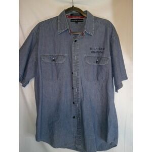Rare Vintage 90's Tommy Hilfiger Mens Short Sleeve Button Up Denim Blue Shirt M